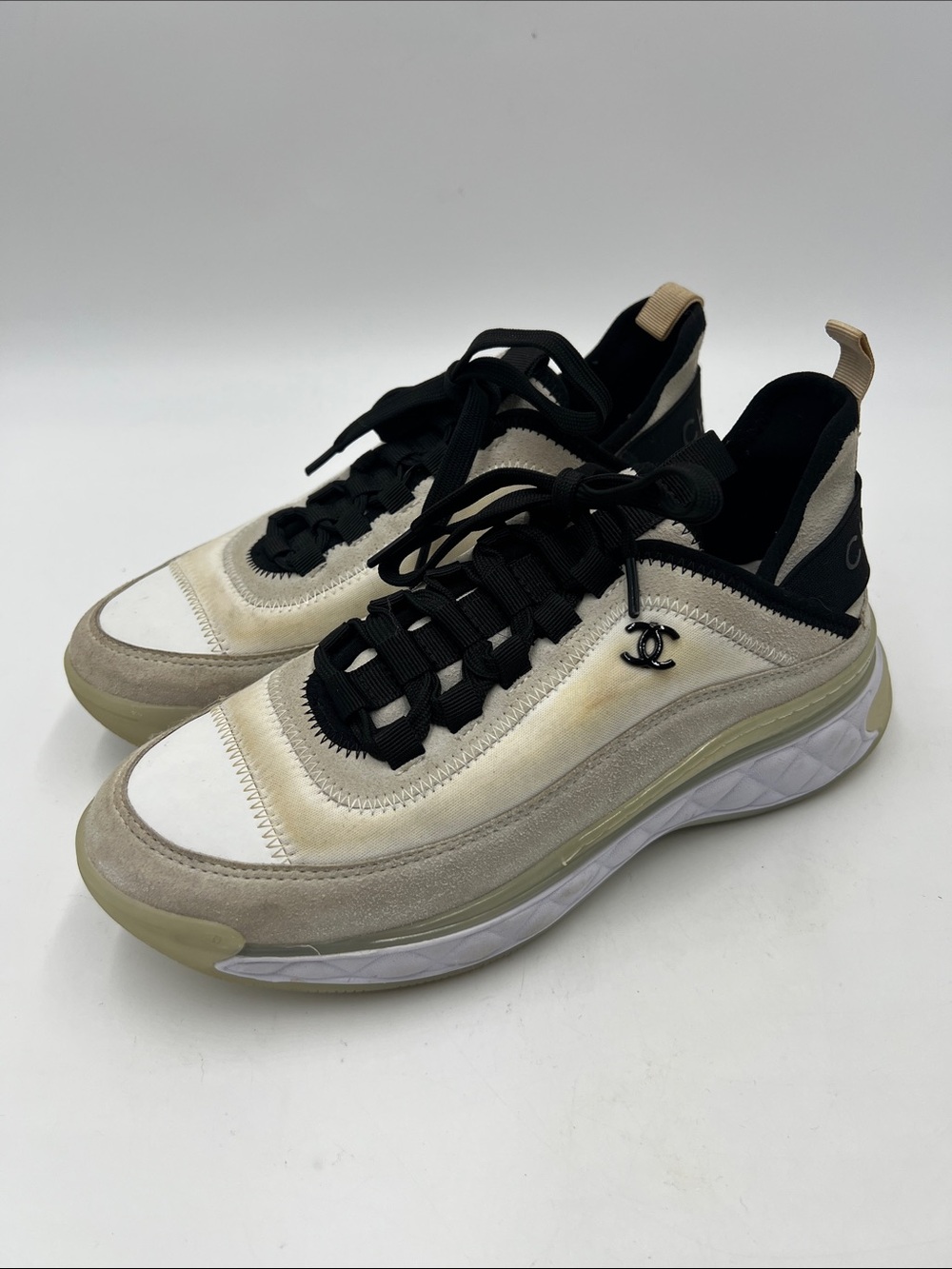 CHANEL Black, White & Beige Low-Top Logo Sneakers